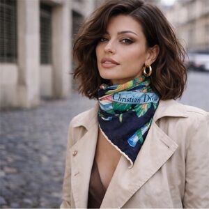 CHRISTIAN DIOR Vintage 34” 100% Silk “Floral & Butterfly” Botanical Square Scarf